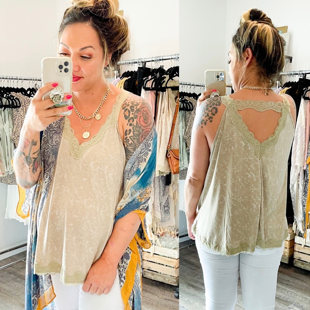 TAN Flowy Vintage Wash Lace Tank Tops - Picture 1 of 6